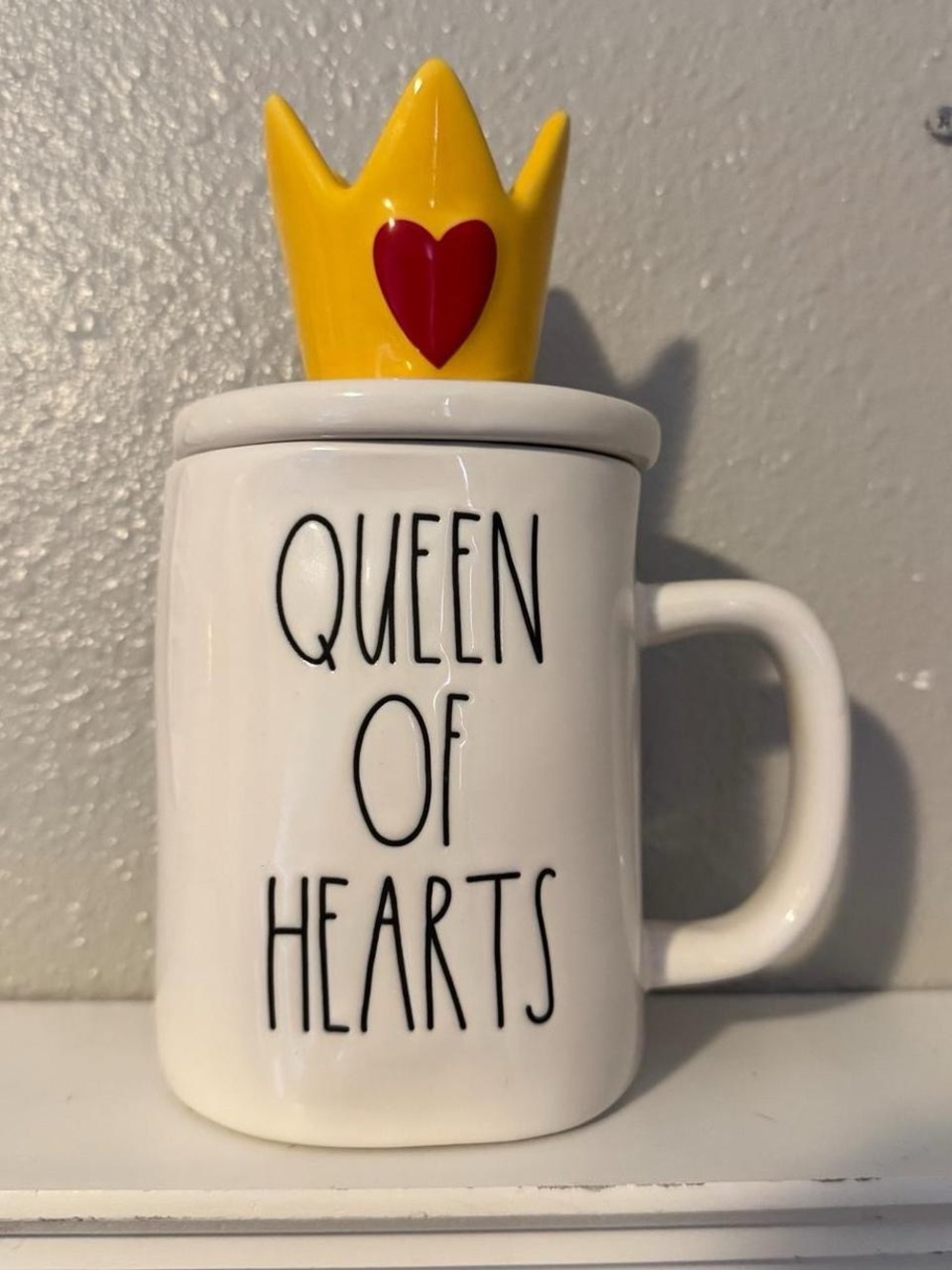 Rae Dunn White Mug with Yellow Crown Lid and Red Heart
